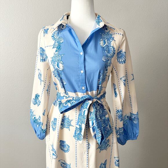 Celina Moon X Anthro Shell Print Tie Waist Midi Shirt Dress Women’s Size‎ XL NEW - Picture 4 of 15